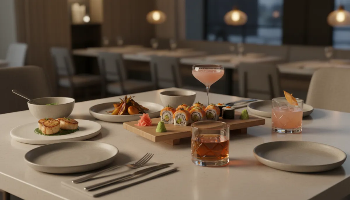 Shared small plates and drinks at a South Lamar restaurant table Shared small plates and drinks at a South Lamar restaurant table