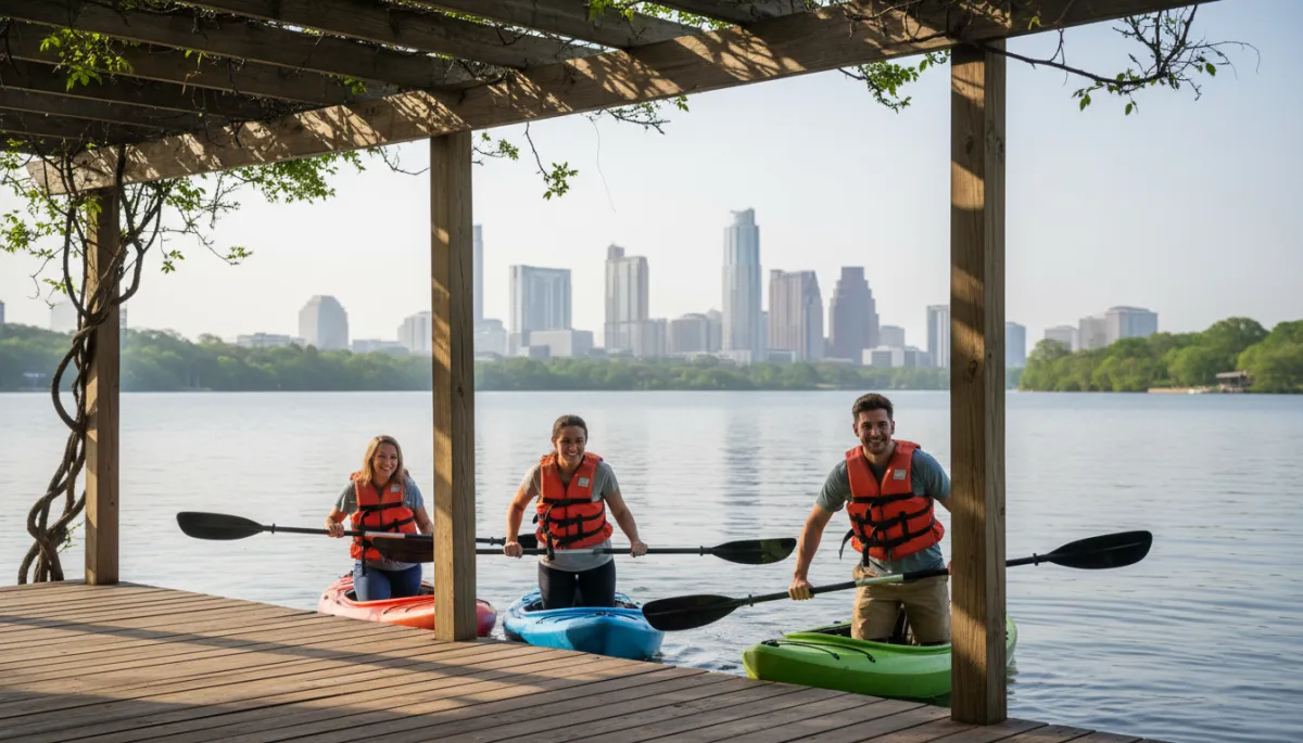 Friends launching kayaks from a dock near Zilker Park on a calm morning Friends launching kayaks from a dock near Zilker Park on a calm morning