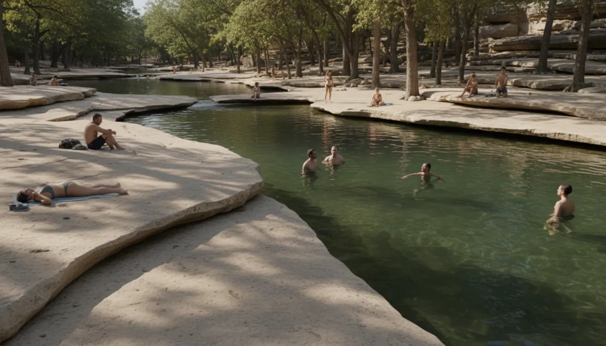 People relaxing and swimming at a natural pool along Barton Creek People relaxing and swimming at a natural pool along Barton Creek