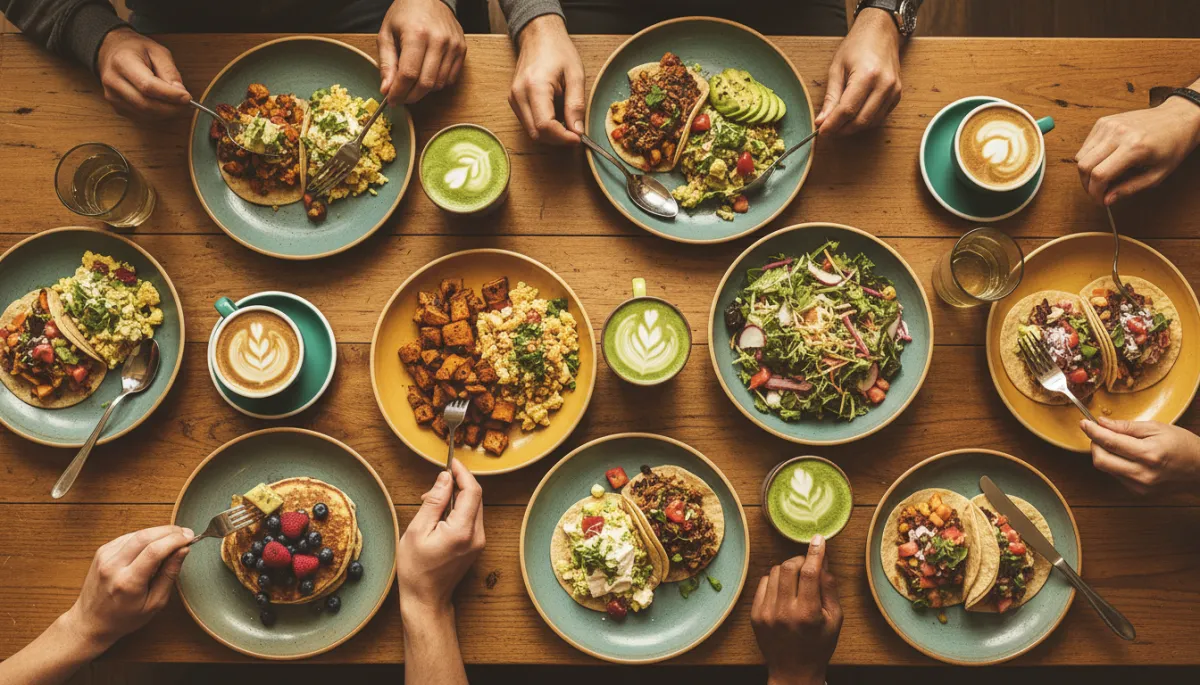 Professional overhead view of colorful vegetarian brunch at Bouldin Creek Cafe Professional overhead view of colorful vegetarian brunch at Bouldin Creek Cafe