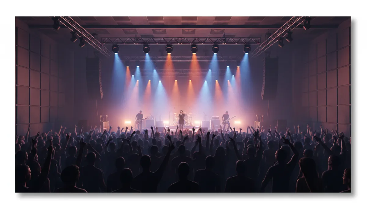 Crowd watching a live band perform under colorful stage lights at a Riverside venue