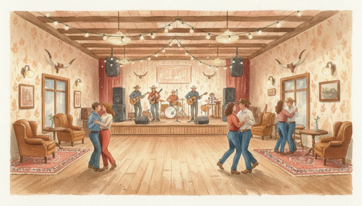 Band performing at Sagebrush while couples two-step on the dance floor Band performing at Sagebrush while couples two-step on the dance floor