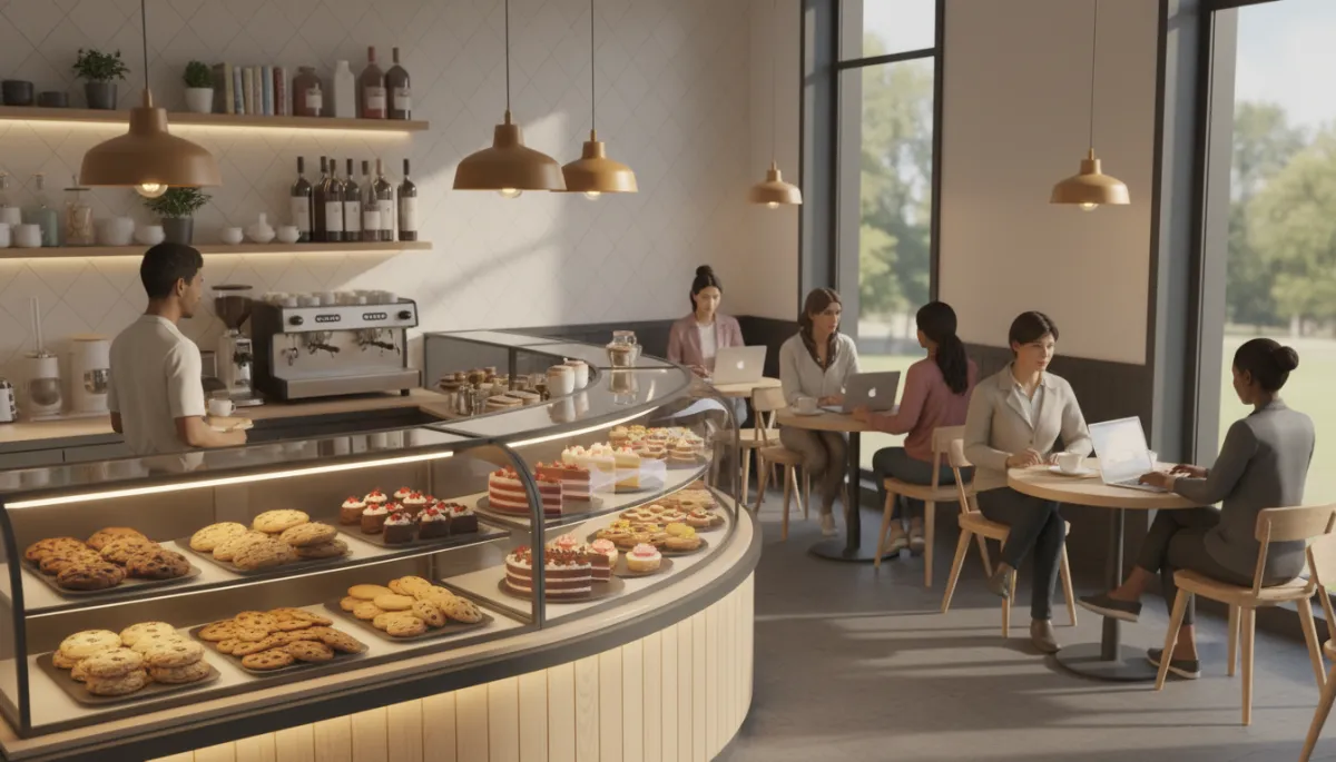 Professional interior of a Hyde Park bakery cafe with pastries and people enjoying coffee Professional interior of a Hyde Park bakery cafe with pastries and people enjoying coffee