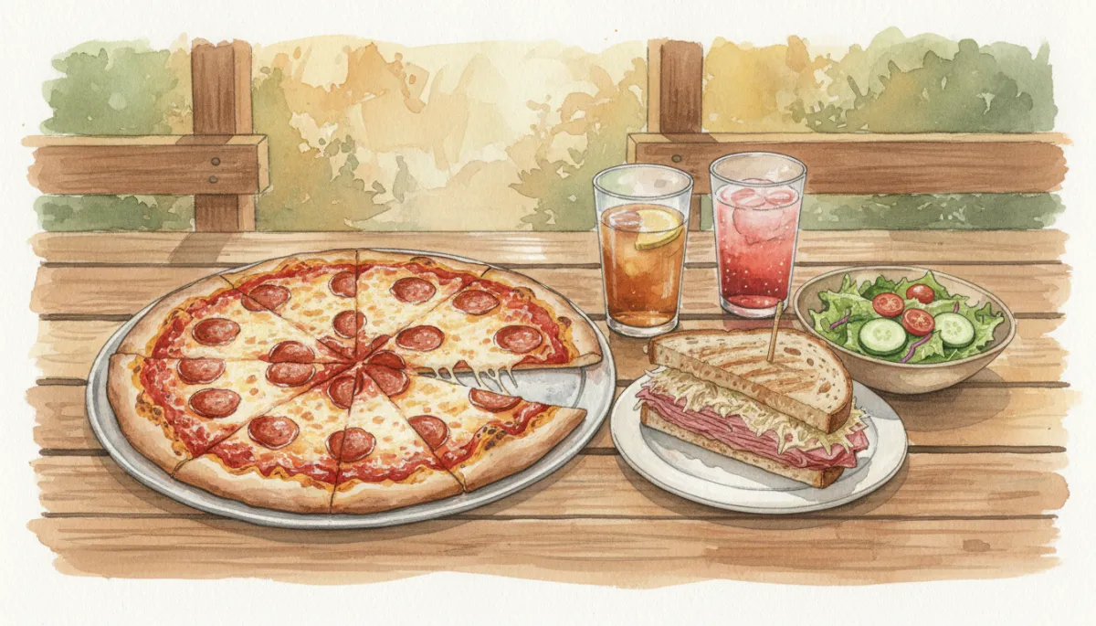 Pizza, sandwich, and salad spread on a Crestview picnic table Pizza, sandwich, and salad spread on a Crestview picnic table