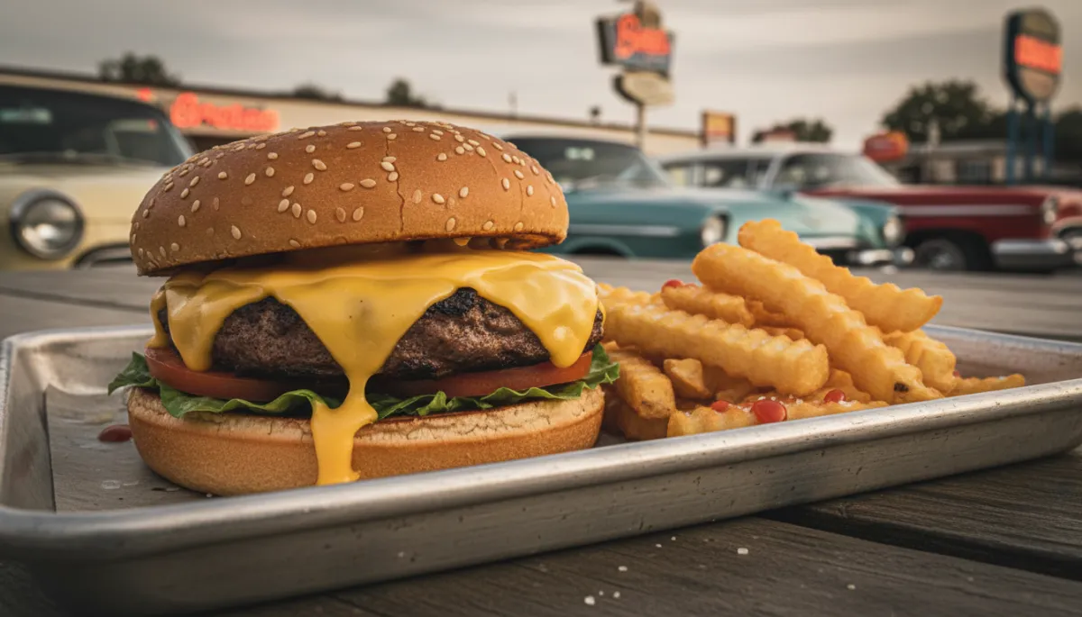 Charcoal-grilled burger and fries served at a classic Austin drive-in Charcoal-grilled burger and fries served at a classic Austin drive-in