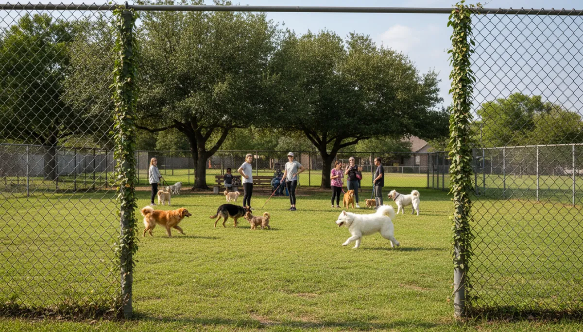 Dogs playing off-leash at the Bartholomew District Park dog park in Windsor Park Austin Dogs playing off-leash at the Bartholomew District Park dog park in Windsor Park Austin