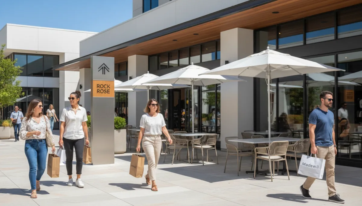 Shoppers walking through Domain NORTHSIDE with restaurants and Rock Rose nearby