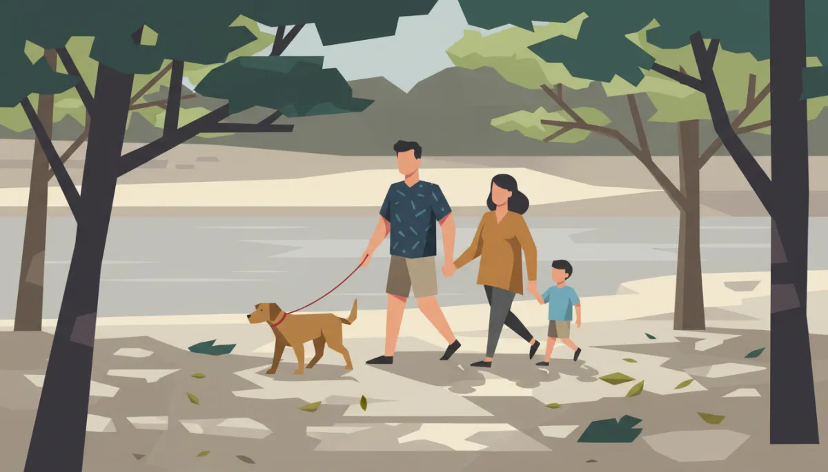 Family walking with their dog along a shaded trail at Bull Creek District Park Family walking with their dog along a shaded trail at Bull Creek District Park