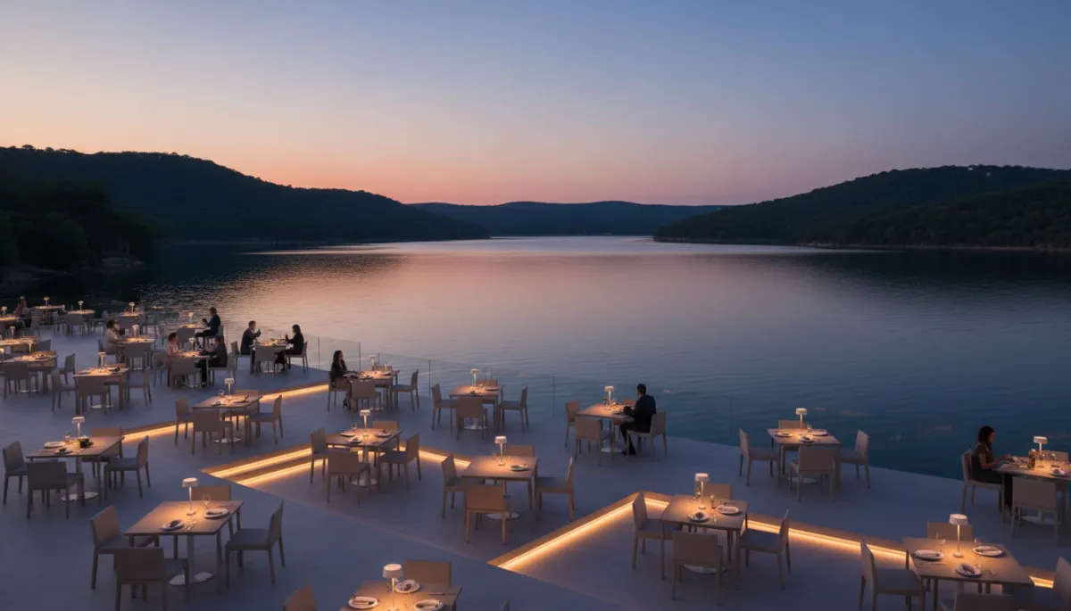 Diners enjoying dinner on a lakeside deck in Westlake with Hill Country views at twilight