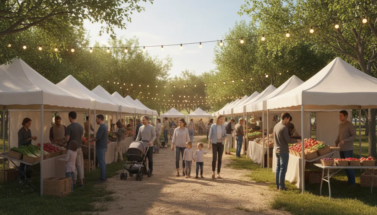 Families exploring an outdoor market at Hill Country Galleria Families exploring an outdoor market at Hill Country Galleria