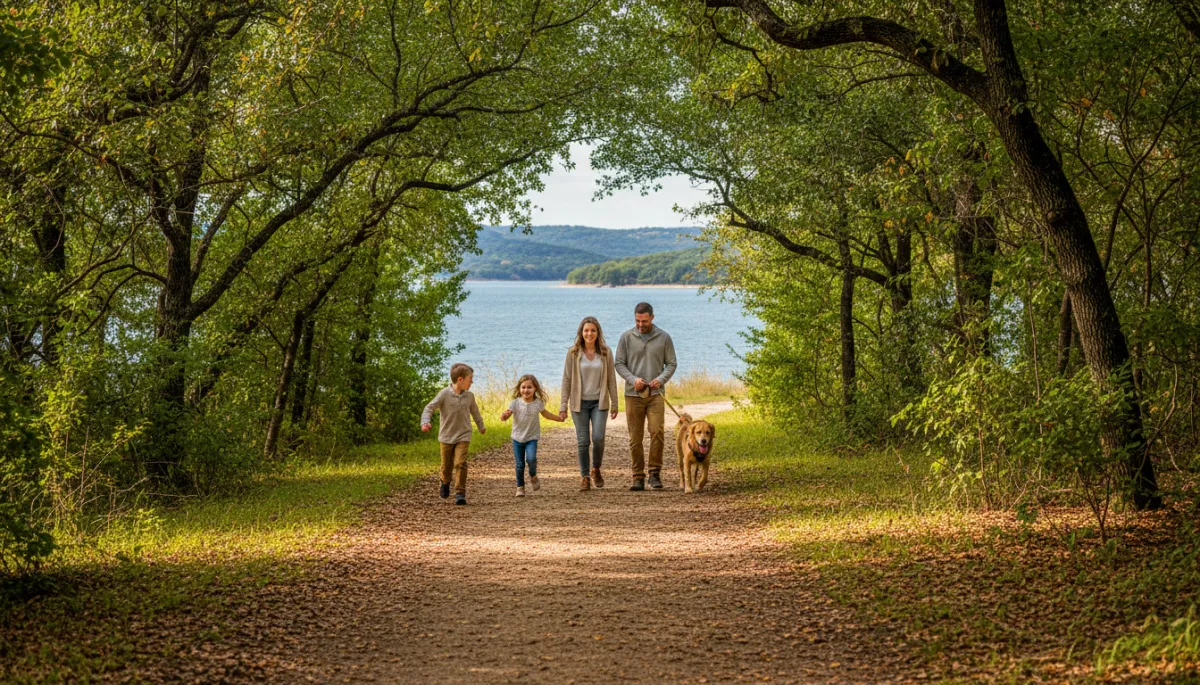 Family with dog walking along a shaded trail in Lakeway City Park with glimpses of Lake Travis Family with dog walking along a shaded trail in Lakeway City Park with glimpses of Lake Travis