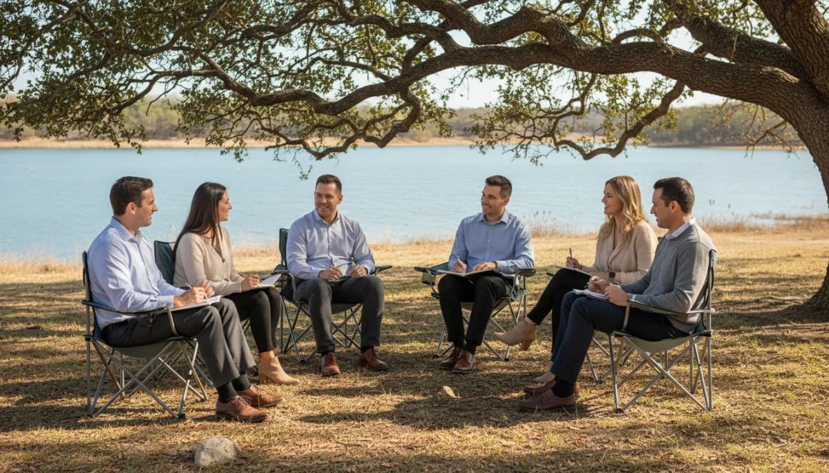 Small group of professionals meeting in a circle by Lake Pflugerville Small group of professionals meeting in a circle by Lake Pflugerville