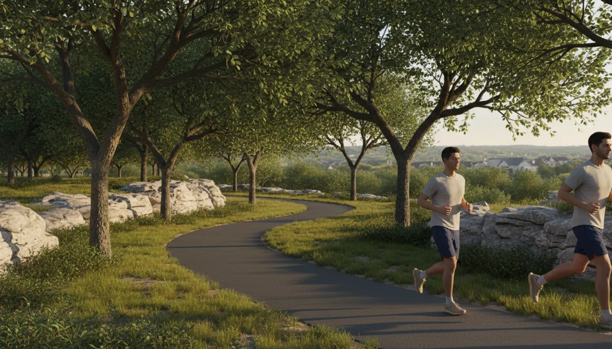 professional photo of a winding paved trail through Crystal Falls neighborhood greenbelt with limestone outcrops, mature oaks, and a jogger in neutral athletic gear under soft afternoon light professional photo of a winding paved trail through Crystal Falls neighborhood greenbelt with limestone outcrops, mature oaks, and a jogger in neutral athletic gear under soft afternoon light