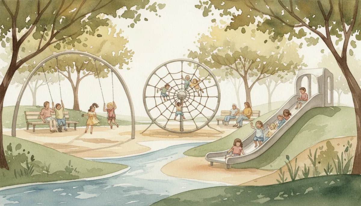 Children playing on a modern playground in Kyle, Texas while parents watch nearby Children playing on a modern playground in Kyle, Texas while parents watch nearby