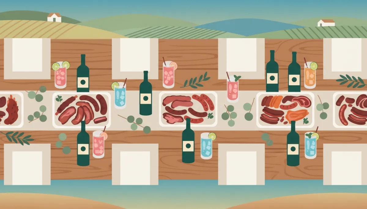 Shared BBQ and wine spread on a long table at a Hill Country winery Shared BBQ and wine spread on a long table at a Hill Country winery