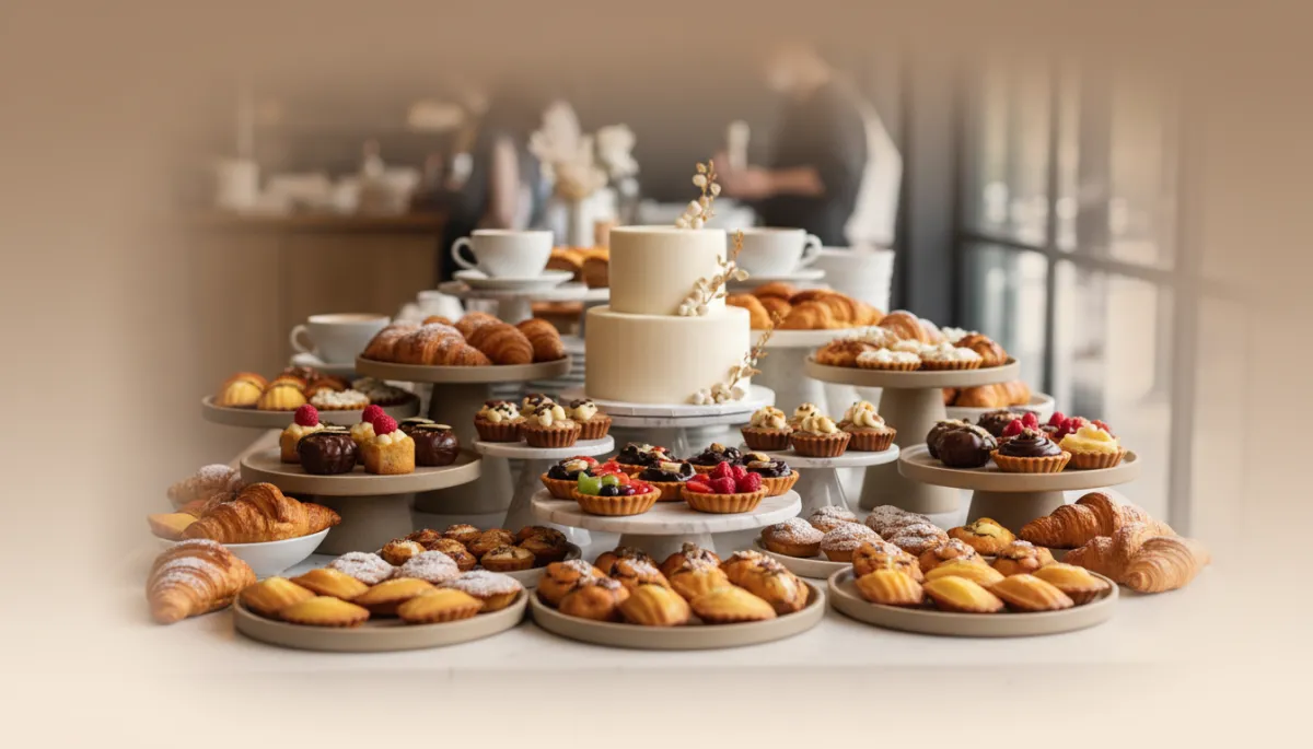 Custom dessert table with mini tarts, cakes, and pastries at Rockman Reserve
