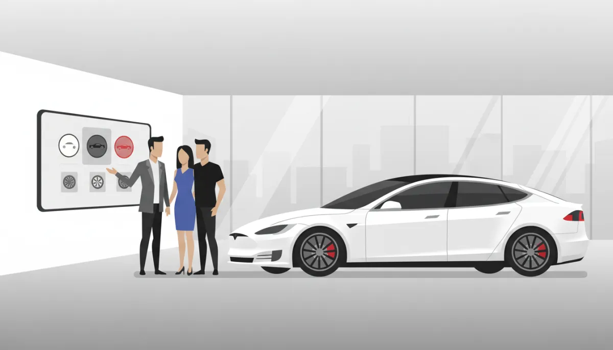 Interior of Tesla showroom with advisor helping visitors review vehicle options