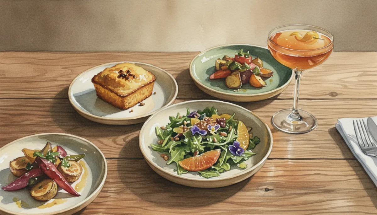 Assortment of Odd Duck small plates and a craft cocktail on a wooden table Assortment of Odd Duck small plates and a craft cocktail on a wooden table