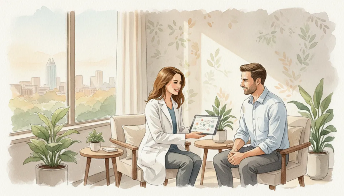 Physician and patient discussing a personalized health plan in a calm Austin clinic
