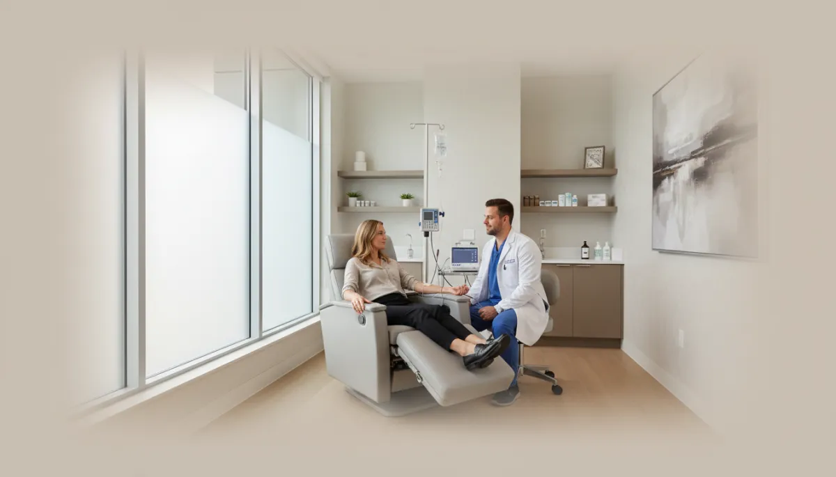 Patient receiving a supervised IV infusion in a calm treatment room Patient receiving a supervised IV infusion in a calm treatment room
