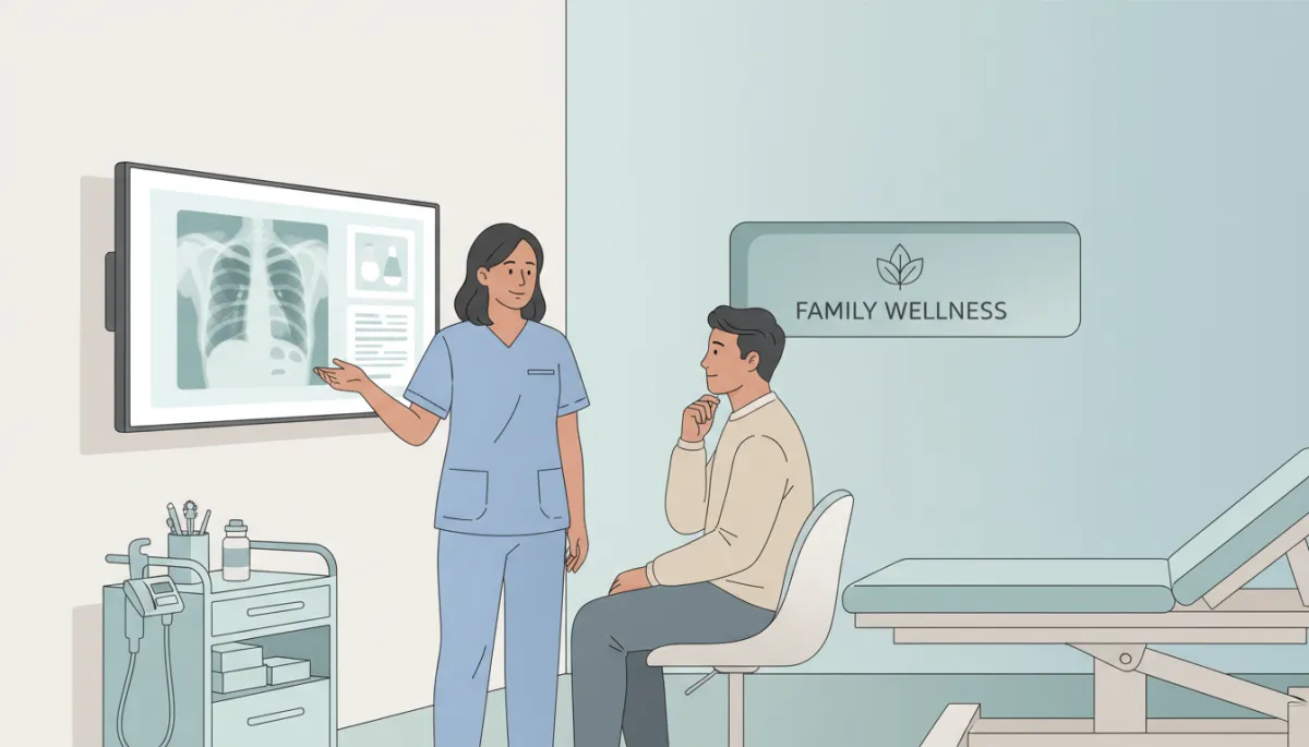 Doctor reviewing lab and X-ray results with a patient in a primary care exam room Doctor reviewing lab and X-ray results with a patient in a primary care exam room