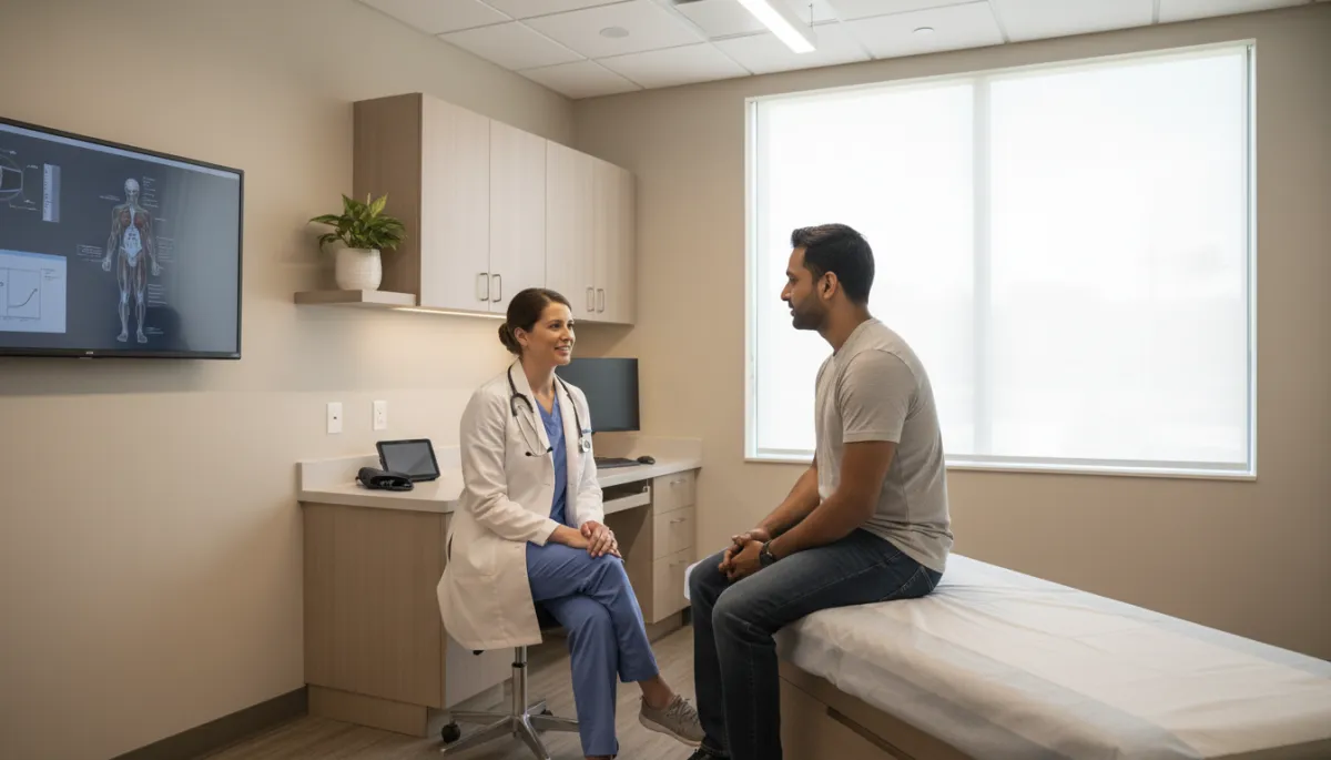 Professional interior of a medical exam room with a physician and patient talking Professional interior of a medical exam room with a physician and patient talking