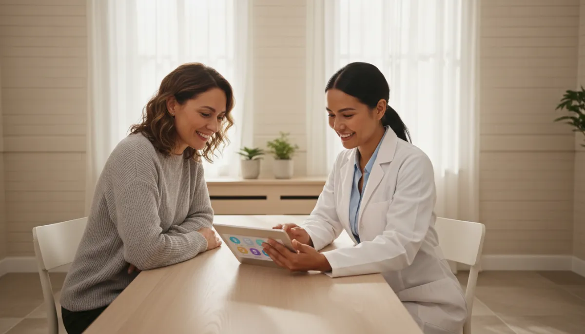 Physician and patient reviewing women’s health plan together in clinic