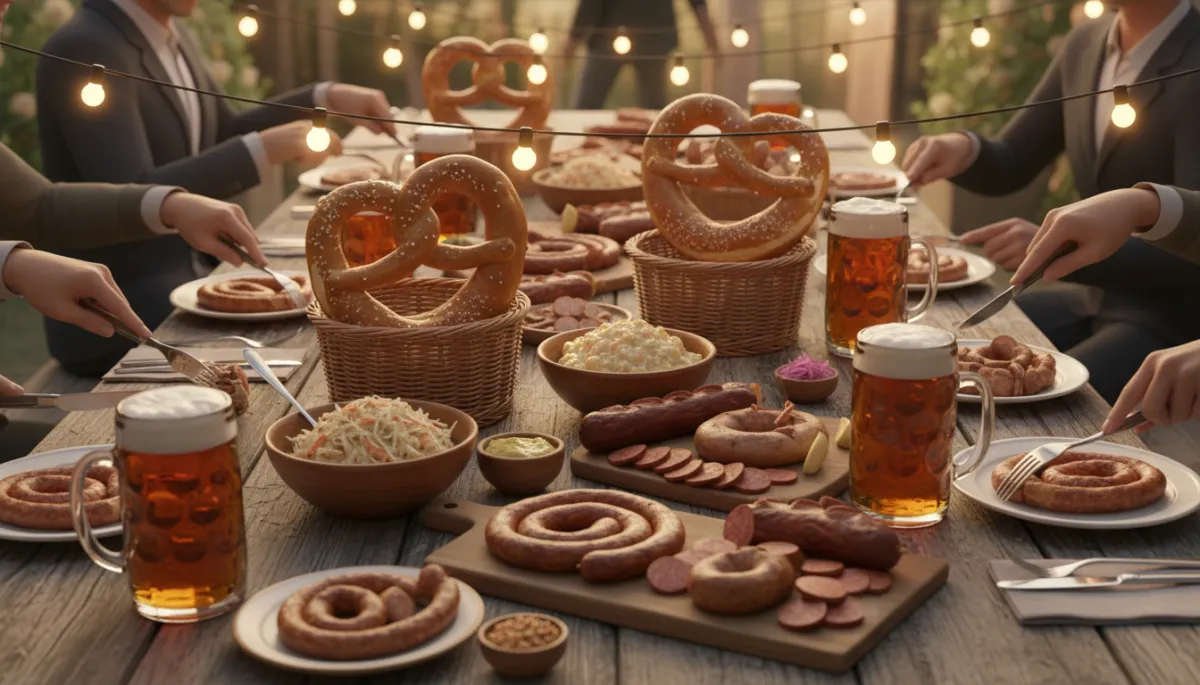 Shared table of sausages, pretzels, and beer at Banger’s Sausage House & Beer Garden Shared table of sausages, pretzels, and beer at Banger’s Sausage House & Beer Garden