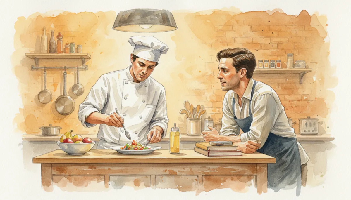 Actors performing a tense kitchen scene onstage at Austin Playhouse