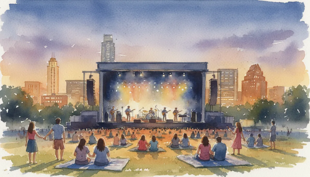 Band performing on an outdoor stage at Zilker Park as the sun sets