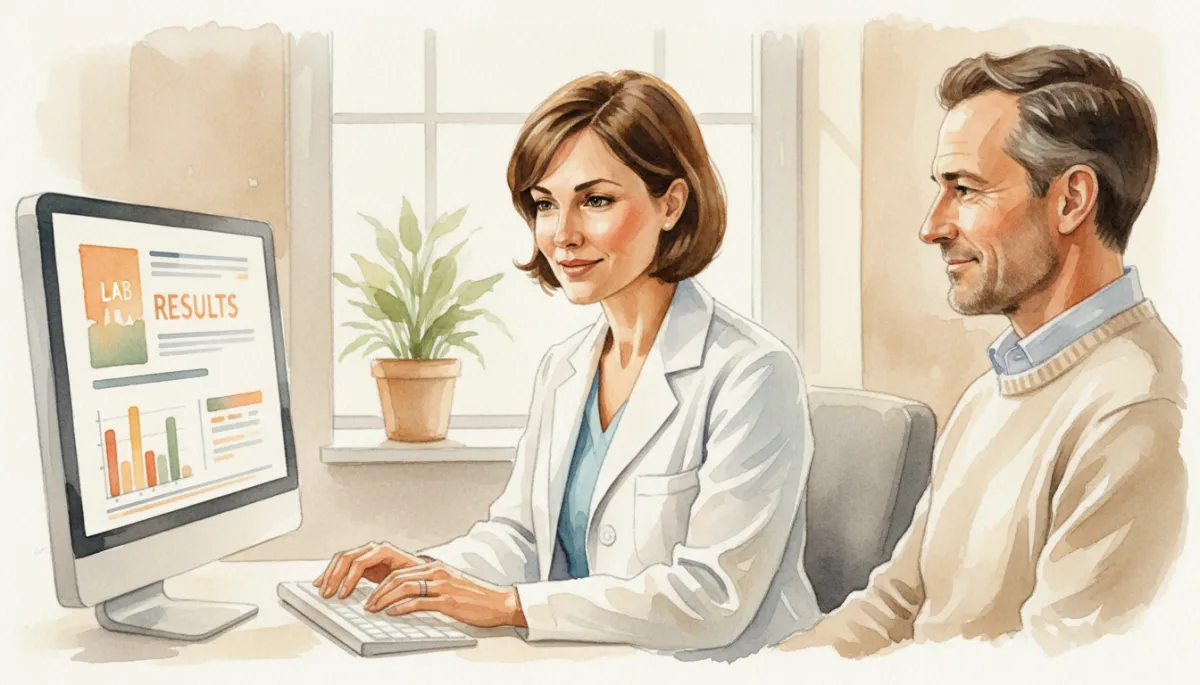 Doctor reviewing lab results with a patient in a clinic exam room Doctor reviewing lab results with a patient in a clinic exam room