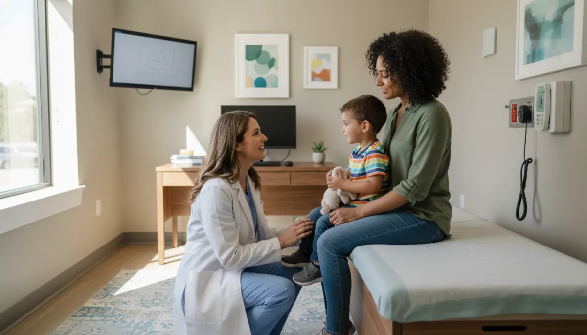 Family medicine physician providing pediatric care to a child and parent in Austin Family medicine physician providing pediatric care to a child and parent in Austin
