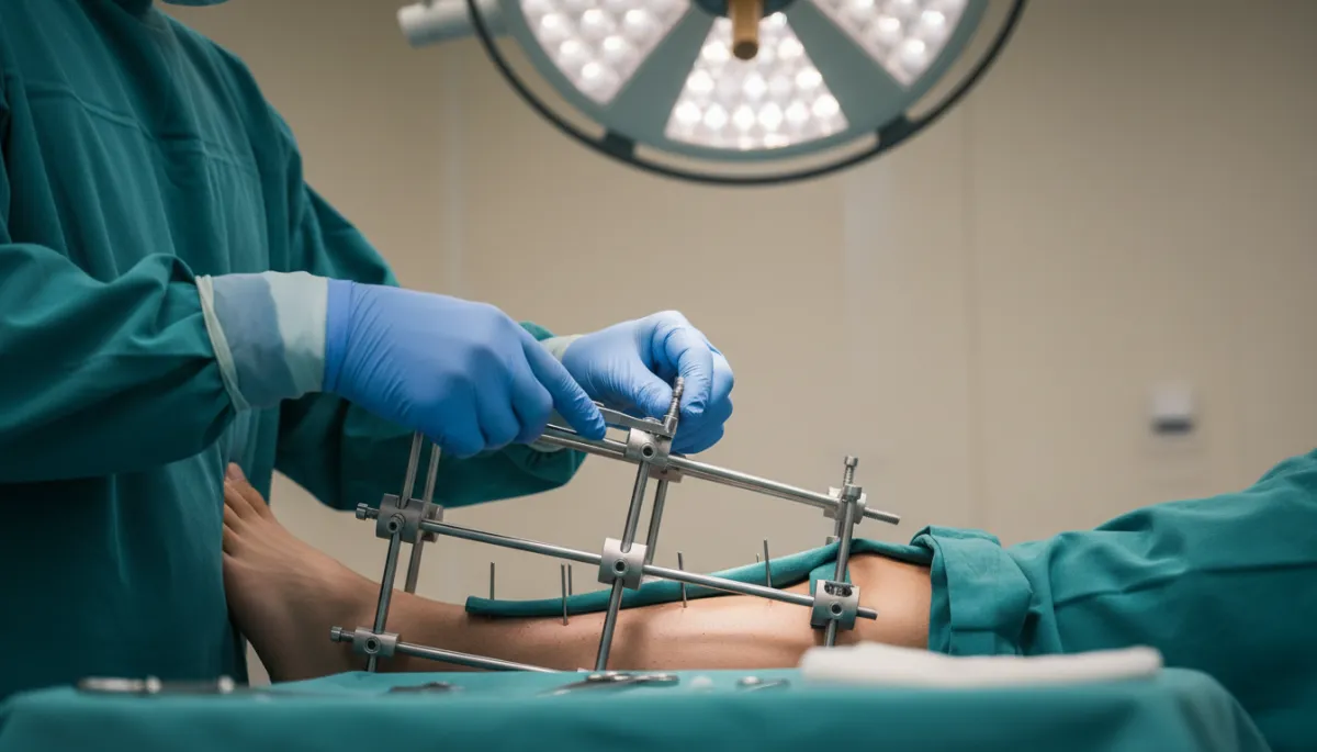 Surgeon adjusting an external fixator on a patient’s leg Surgeon adjusting an external fixator on a patient’s leg