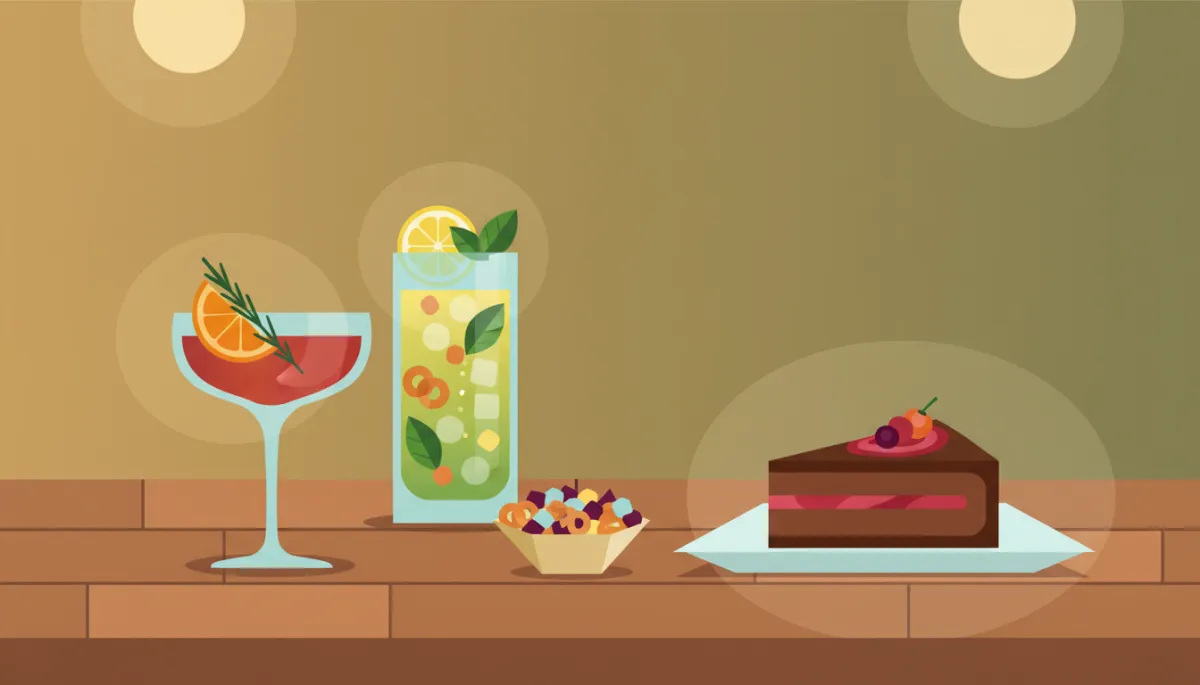 Seasonal cocktails, non-alcoholic spritz, snacks and dessert on bar at Tigress Pub Seasonal cocktails, non-alcoholic spritz, snacks and dessert on bar at Tigress Pub