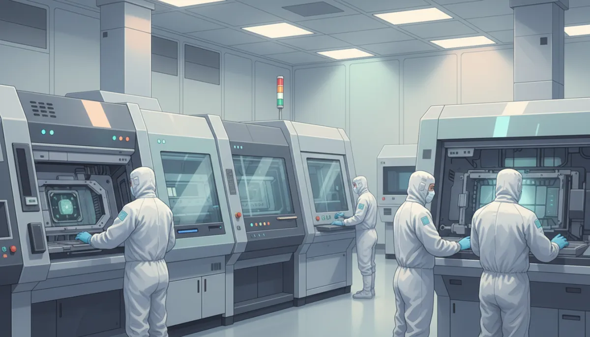 Professional view of engineers working inside a semiconductor cleanroom