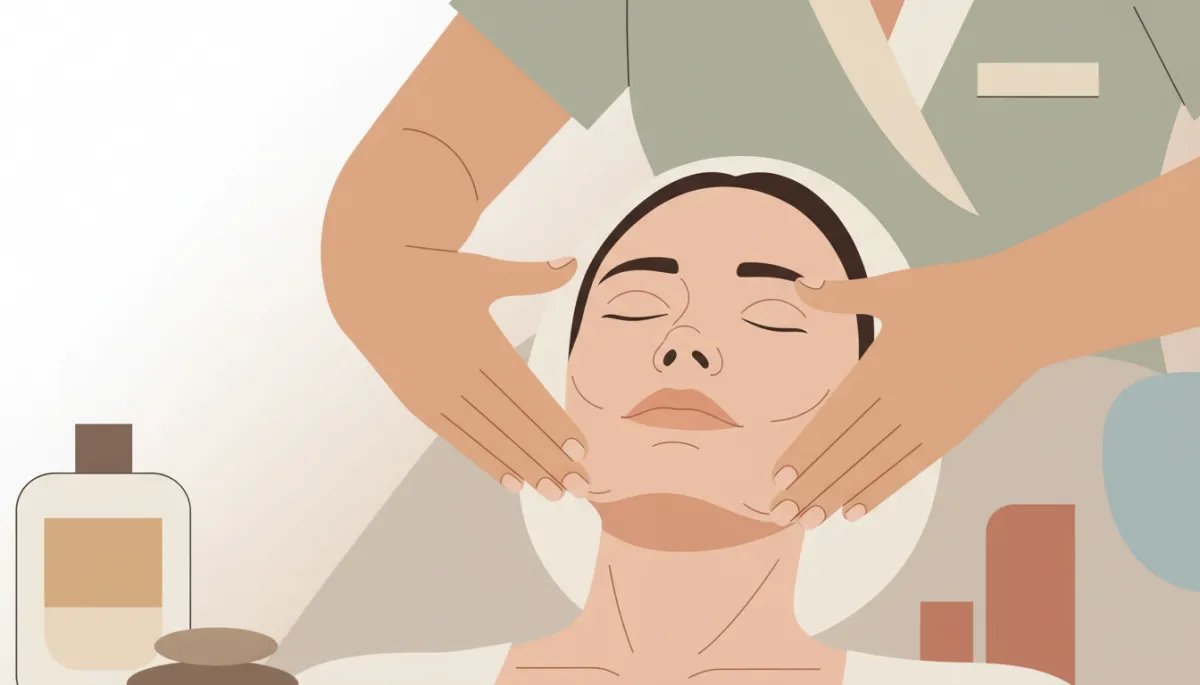 professional neutral-toned close-up of massage therapist performing gentle facial and jaw work on relaxed client in calm treatment room professional neutral-toned close-up of massage therapist performing gentle facial and jaw work on relaxed client in calm treatment room
