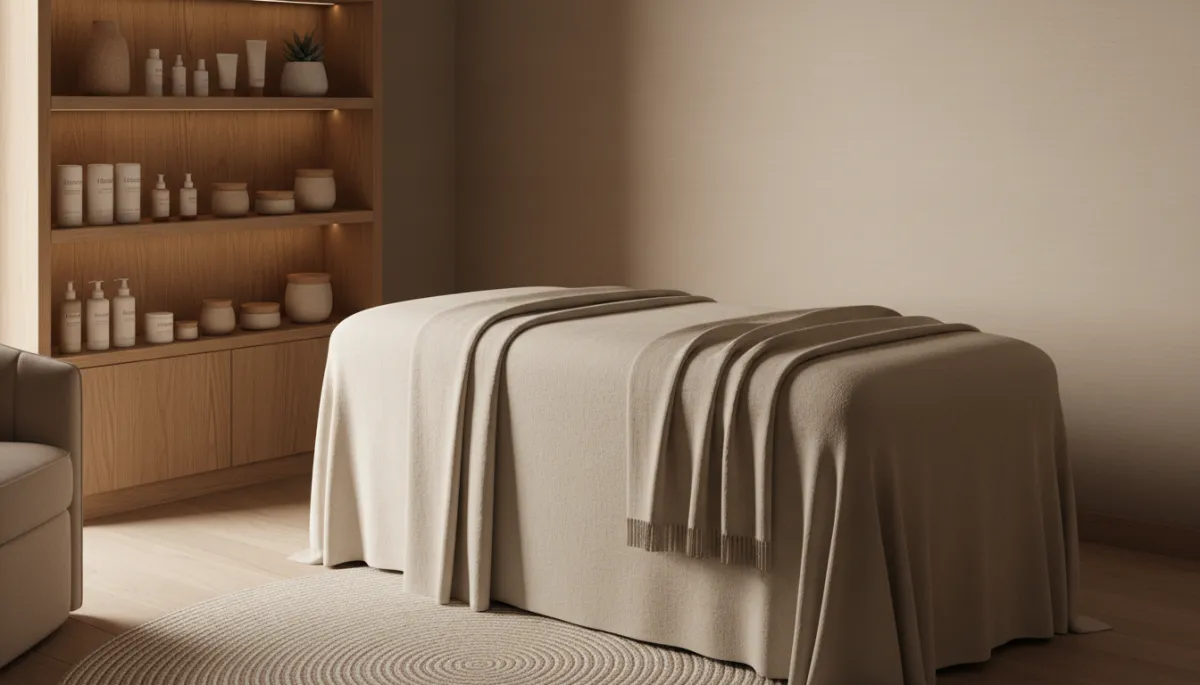 Peaceful treatment room with massage table and clean beauty products Peaceful treatment room with massage table and clean beauty products