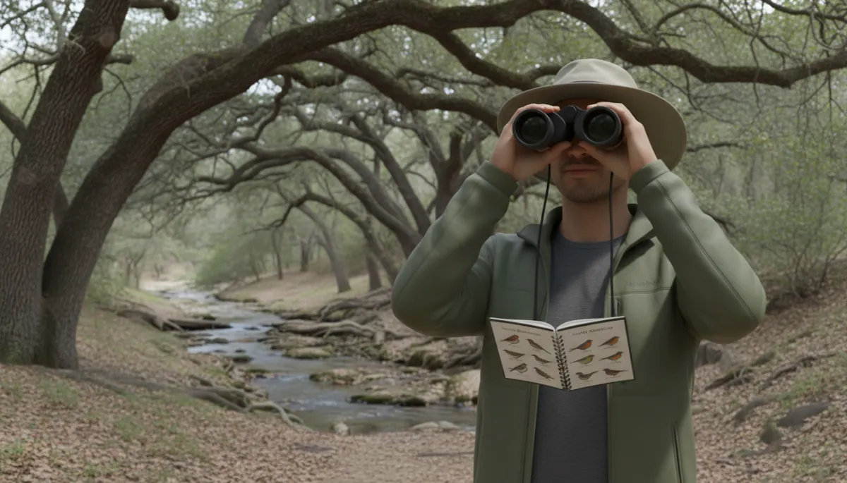 Person holding binoculars and a bird guide on a shaded trail