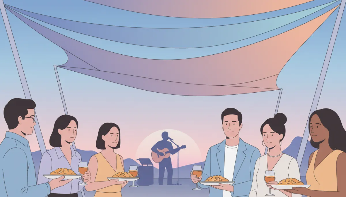 Guests enjoying paella and drinks under a solar canopy while a musician performs
