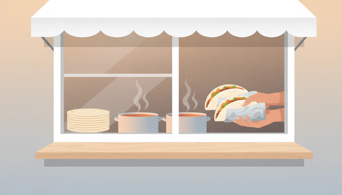 Professional photorealistic close-up of an East Austin taco stand serving breakfast tacos Professional photorealistic close-up of an East Austin taco stand serving breakfast tacos