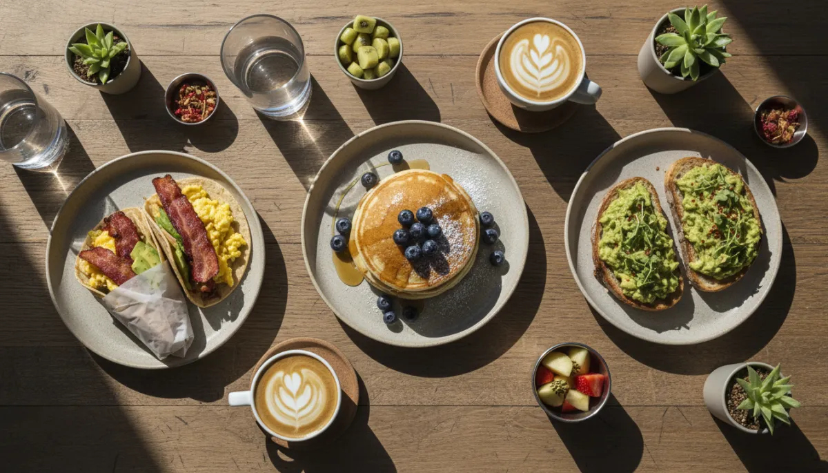 Assorted breakfast and brunch dishes with coffee at a South Congress cafe Assorted breakfast and brunch dishes with coffee at a South Congress cafe