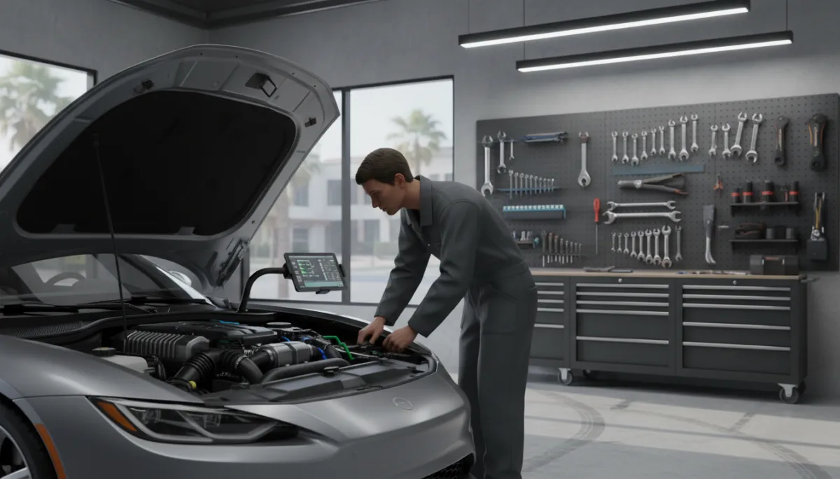 Mechanic inspecting a car engine at a South Lamar repair shop