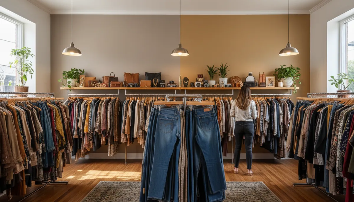 Interior of a North Loop vintage shop with curated racks of clothing Interior of a North Loop vintage shop with curated racks of clothing