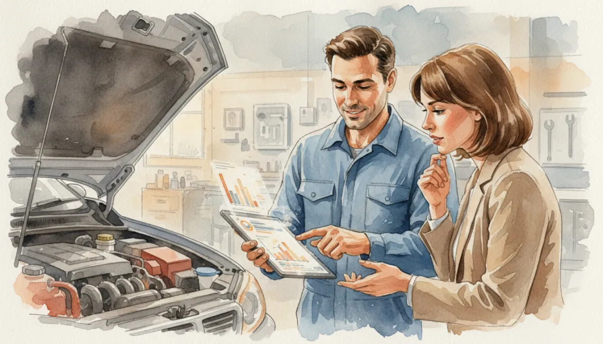 Mechanic reviewing a digital inspection report with a customer in Austin