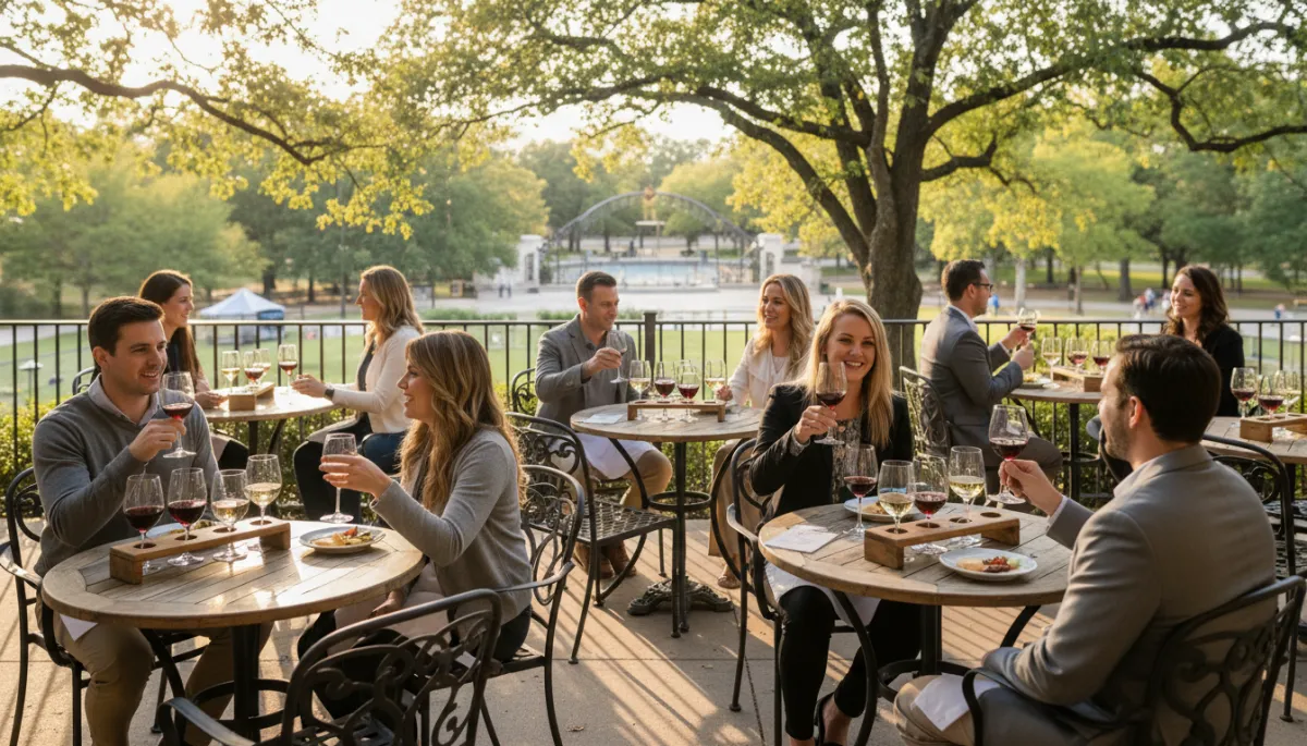 Guests enjoying wine tastings on a Barton Springs Road patio with Zilker Park trees in the background Guests enjoying wine tastings on a Barton Springs Road patio with Zilker Park trees in the background