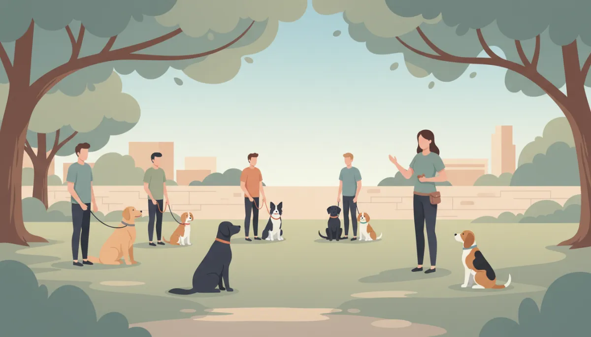 Group dog training class with owners and dogs practicing obedience