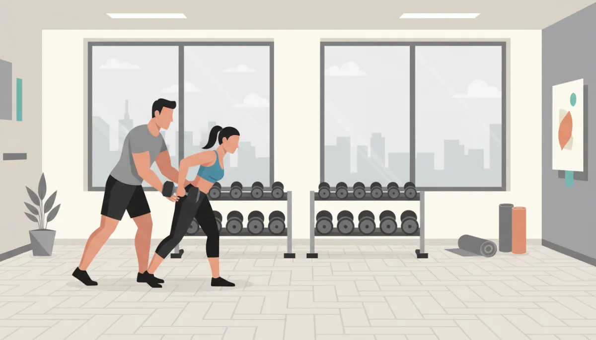 Trainer guiding a client through a strength exercise in a neutral-toned Clarksville studio Trainer guiding a client through a strength exercise in a neutral-toned Clarksville studio