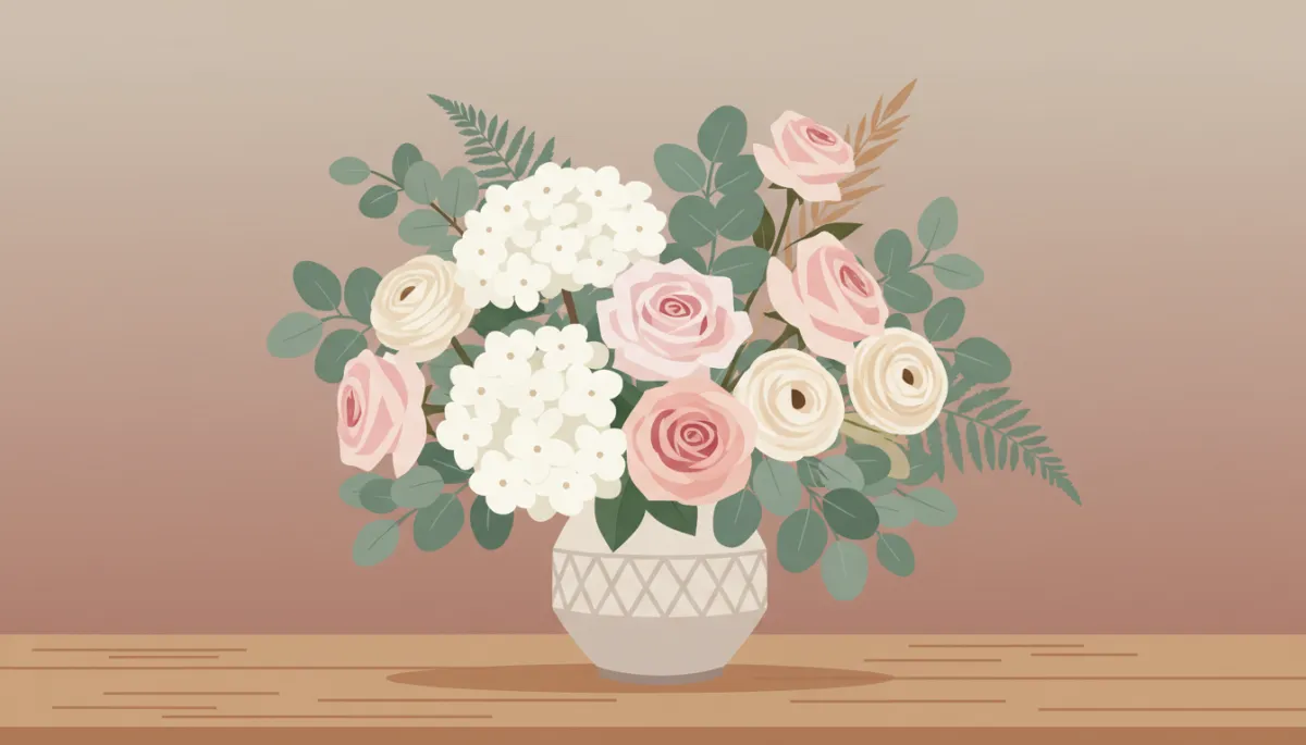 Professional photorealistic neutral-toned garden-style flower arrangement in a Travis Heights shop Professional photorealistic neutral-toned garden-style flower arrangement in a Travis Heights shop