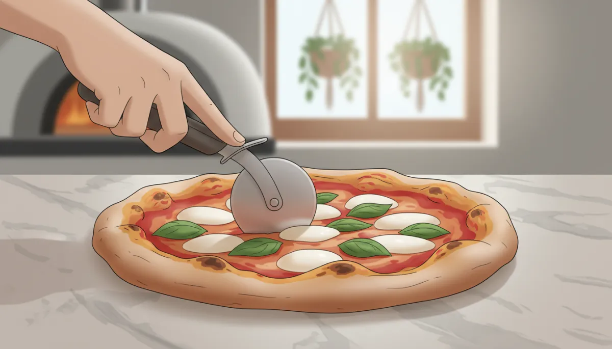 Wood-fired Neapolitan pizza being sliced in an Austin pizzeria