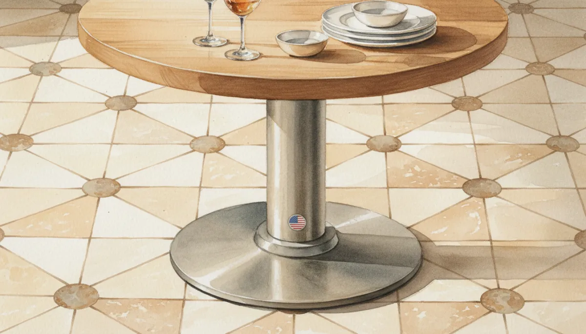 Professional close-up of a Rockless Table base stabilizing a restaurant table Professional close-up of a Rockless Table base stabilizing a restaurant table